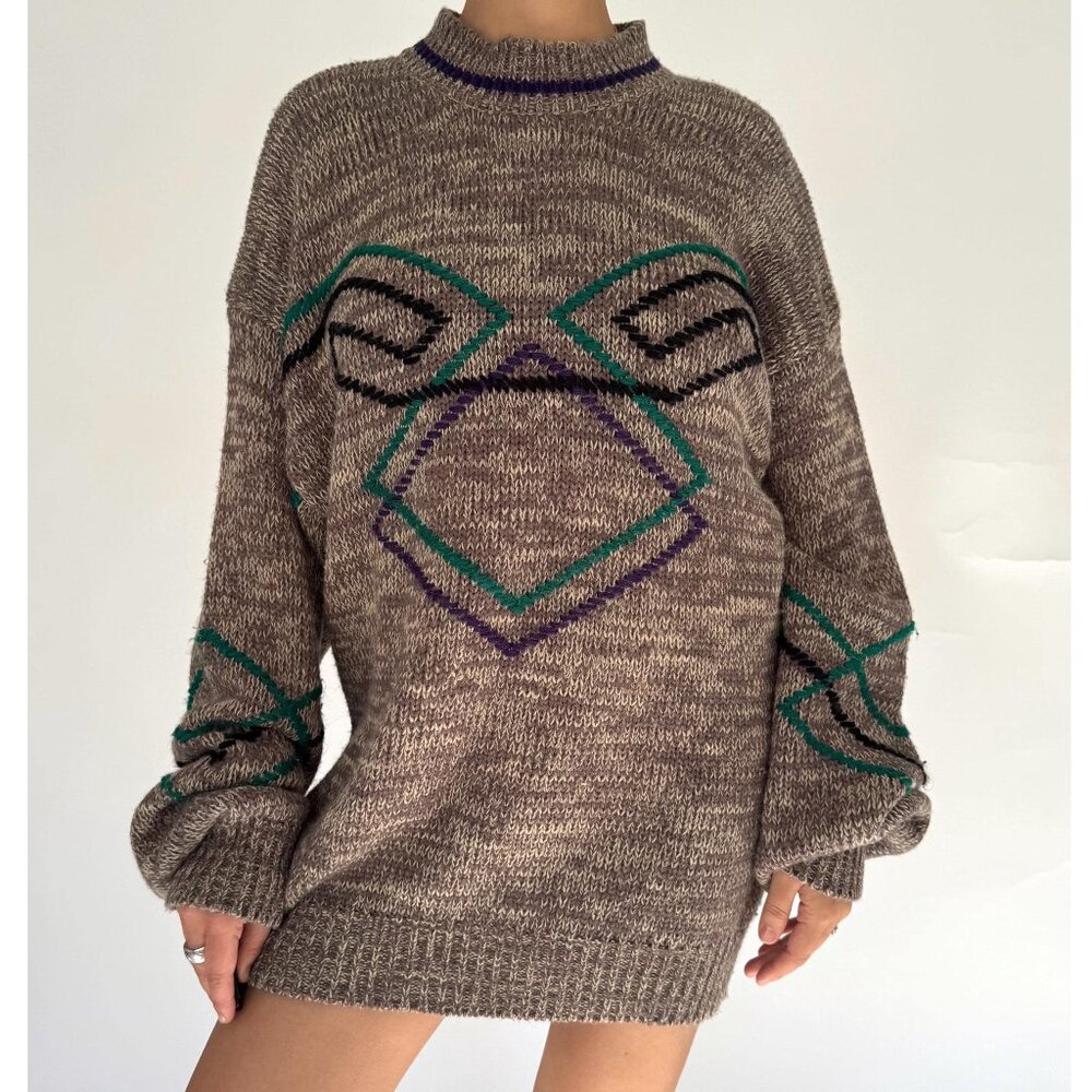 90s vintage brown retro geometric print long grandpa slouchy chunky knit sweater